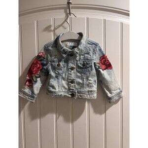 Upcycled Denim Jacket Baby Sz 2T Roses Skull Distressed